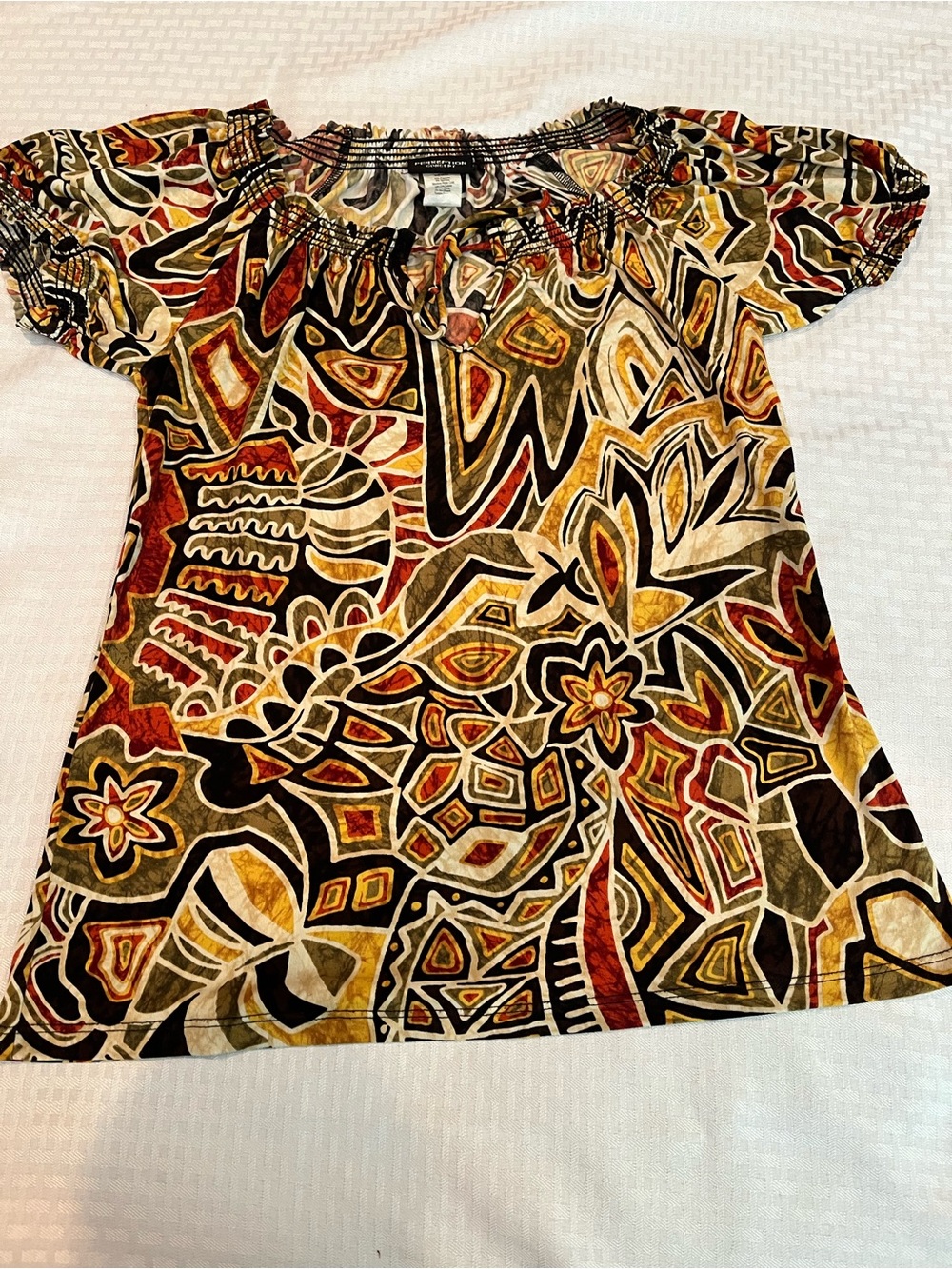 Perseption Multicolor Off-Shoulder Printed Tunic — Rust, Olive & Gold